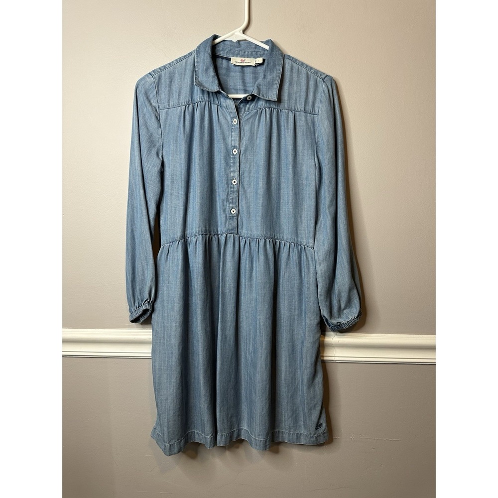 Vineyard‎ Vines Girls Chambray Dress Size L Long Sleeve Button Front Whale Logo